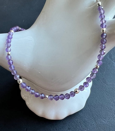 3mm faceted pink amethyst ankle bracelet with diamond cut and smooth sterling silver accents