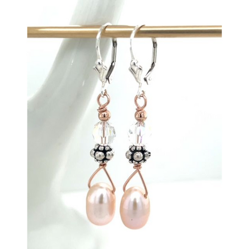 Champagne Pearl & Rose Gold Dangle Earrings – Bali Silver & Crystal Accent