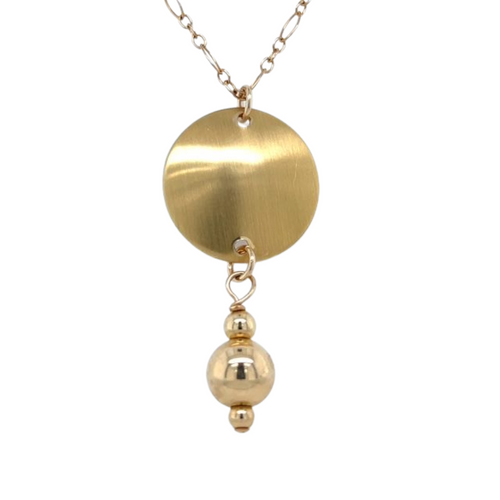 14k Gold-Filled Decorative Chain Necklace with Brass Dome Pendant & Gold Drop Accent