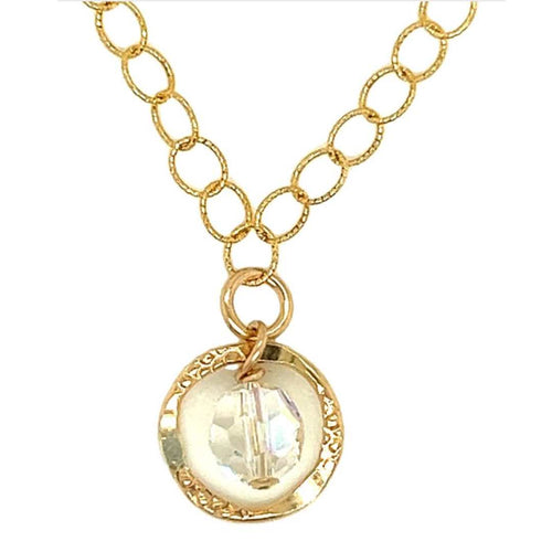 Gold patterened circle with 6m crystal dangling inside with a delicate patterned gold chain
