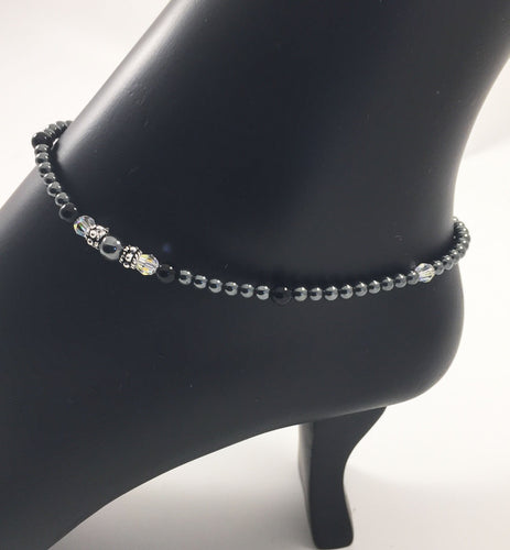 Black Onyx Sterling & Crystal Ankle Bracelet