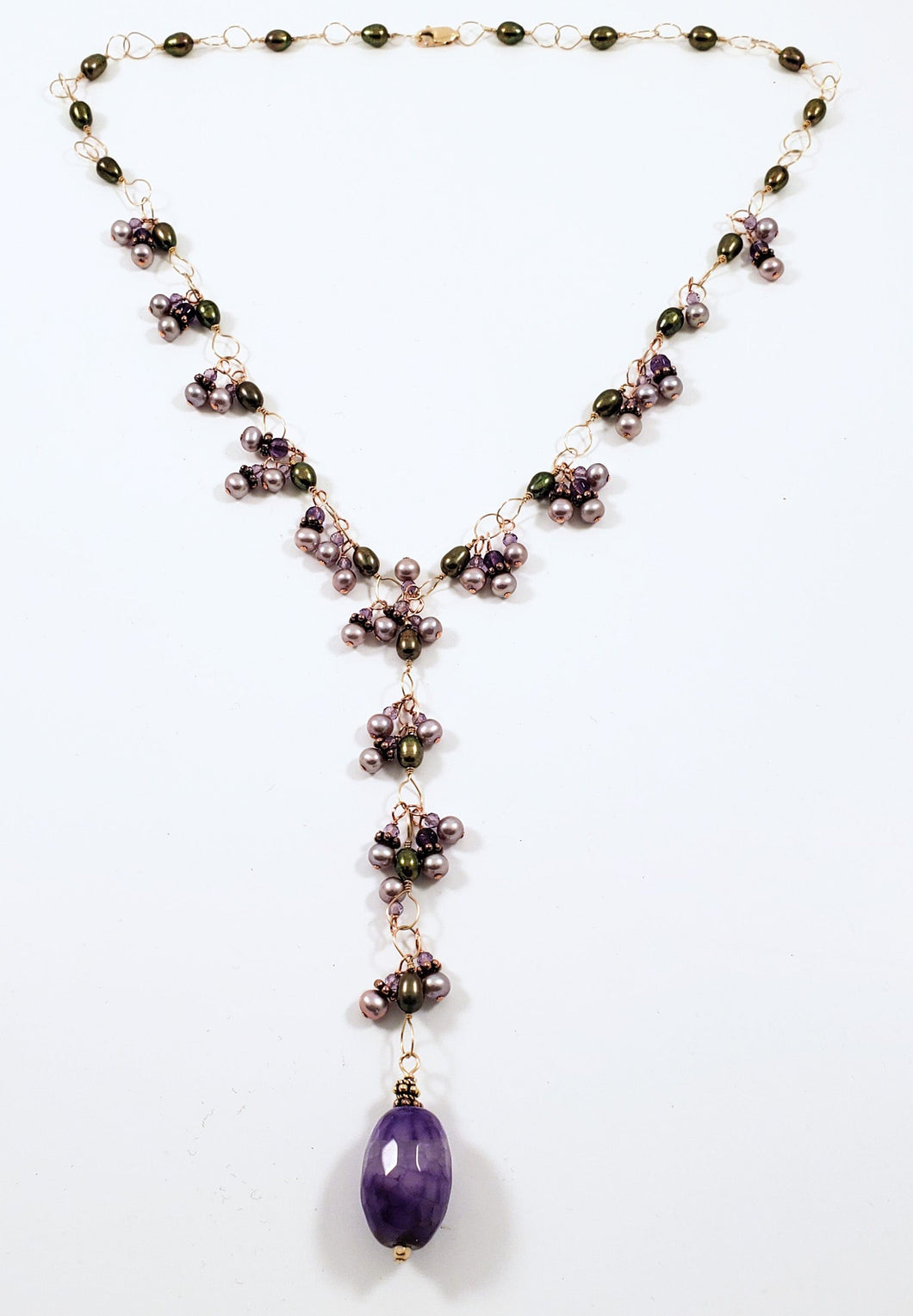 Amethyst Drop Y Necklace With Pearls & Gold Accents