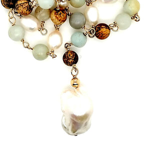 Amazonite & White Freshwater Pearl Y Necklace