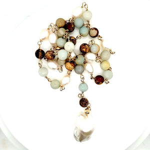 Amazonite & White Freshwater Pearl Y Necklace