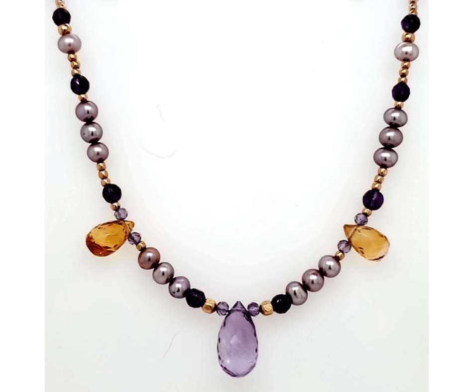 Pink           Amethyst, Citrine Pearl Rose Gold Necklace