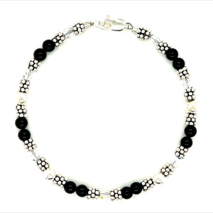 Black onyx, soilver balls, swarovski crystals & sterling Bali silver bracelet Four sizes available unless you need another size.