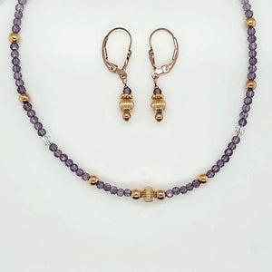 Pink Amethyst With Rose & Yellow Gold Necklace & Earrings