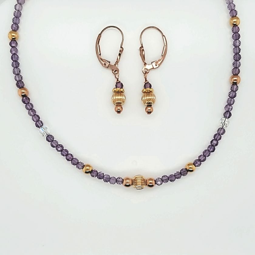 Pink Amethyst With Rose & Yellow Gold Necklace & Earrings
