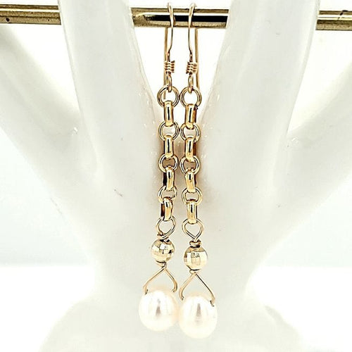 Gold French Wire Chain 14K Accent Pearl Drop Earrings