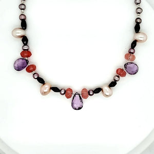 Pink Amethyst Tourmaline Garnets & Pearl Necklace