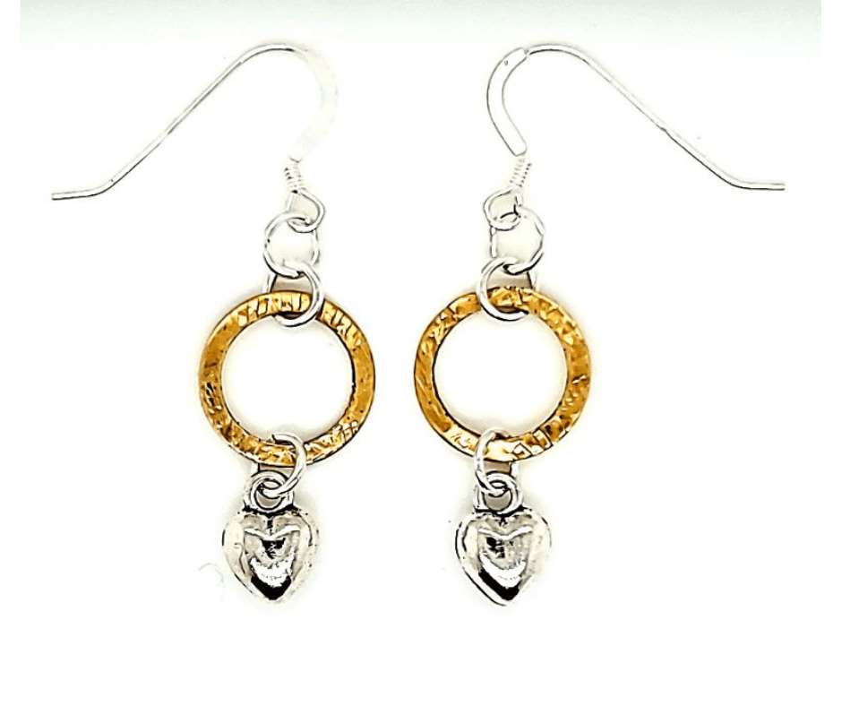 Sterling silver ear wires with textured brass hoop and silver tone heart.
